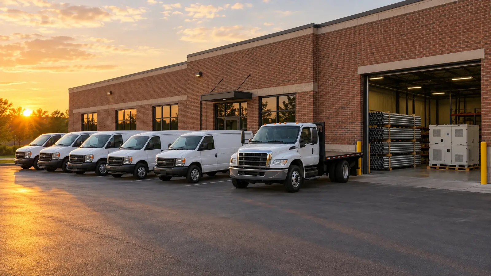 About Music City Generator A row of plain white service vans and a flatbed truck outside a brick office at golden hour
