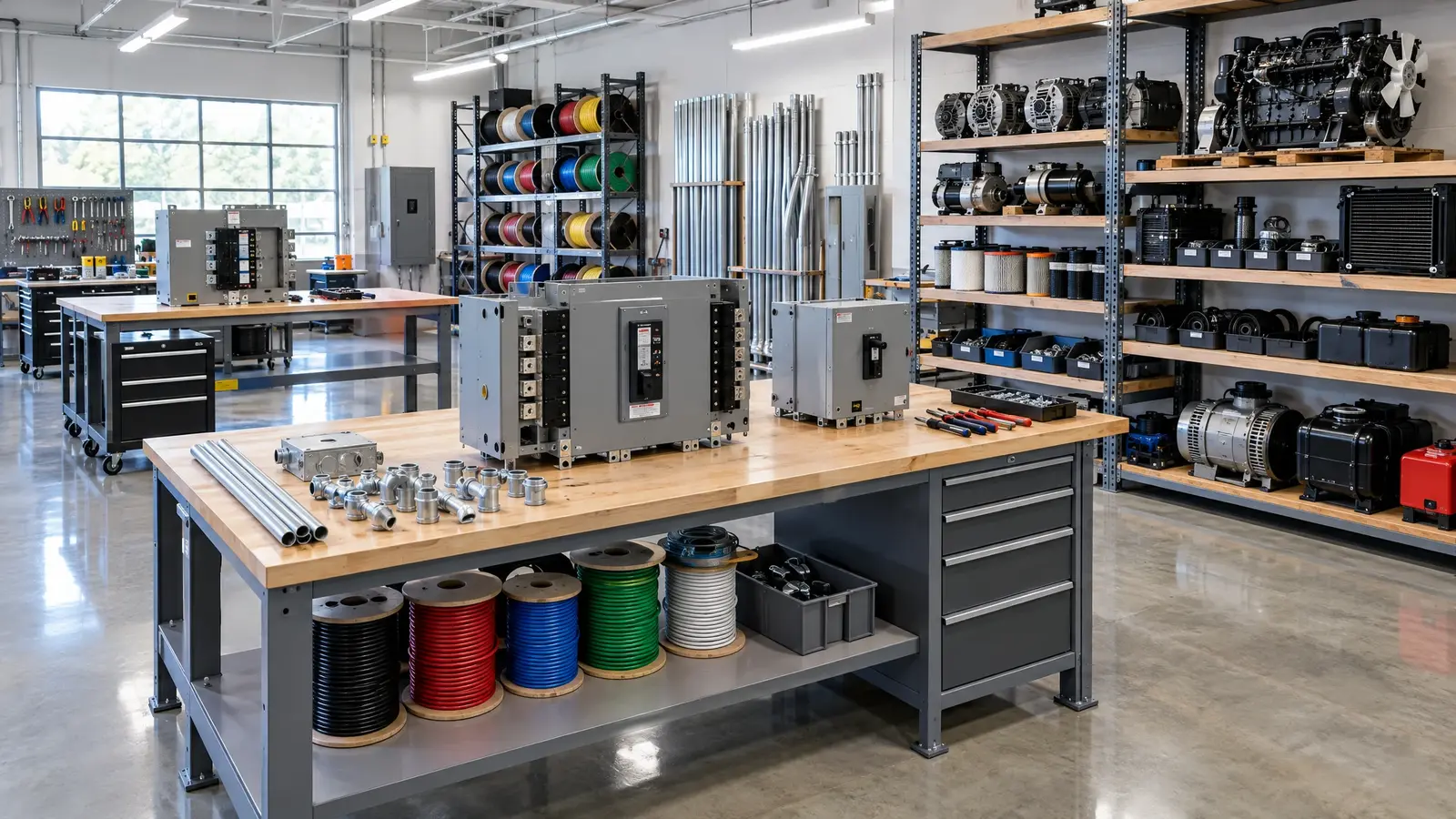 A clean organized workshop with transfer switches, conduit and wire spools on shelves