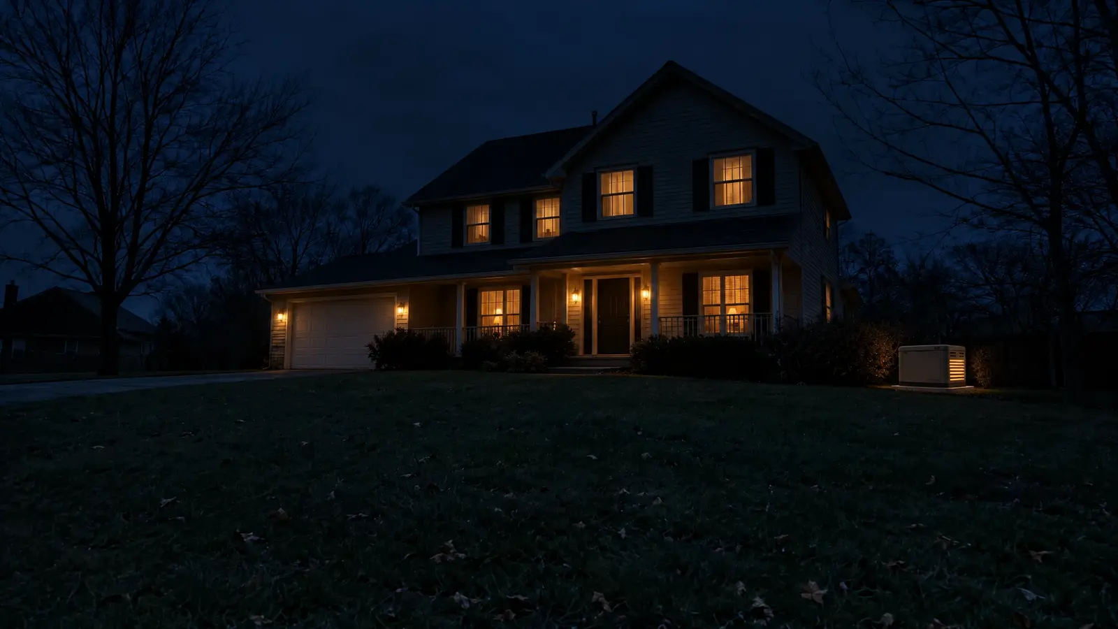 The same house at night in a blackout with its windows glowing and a standby generator running