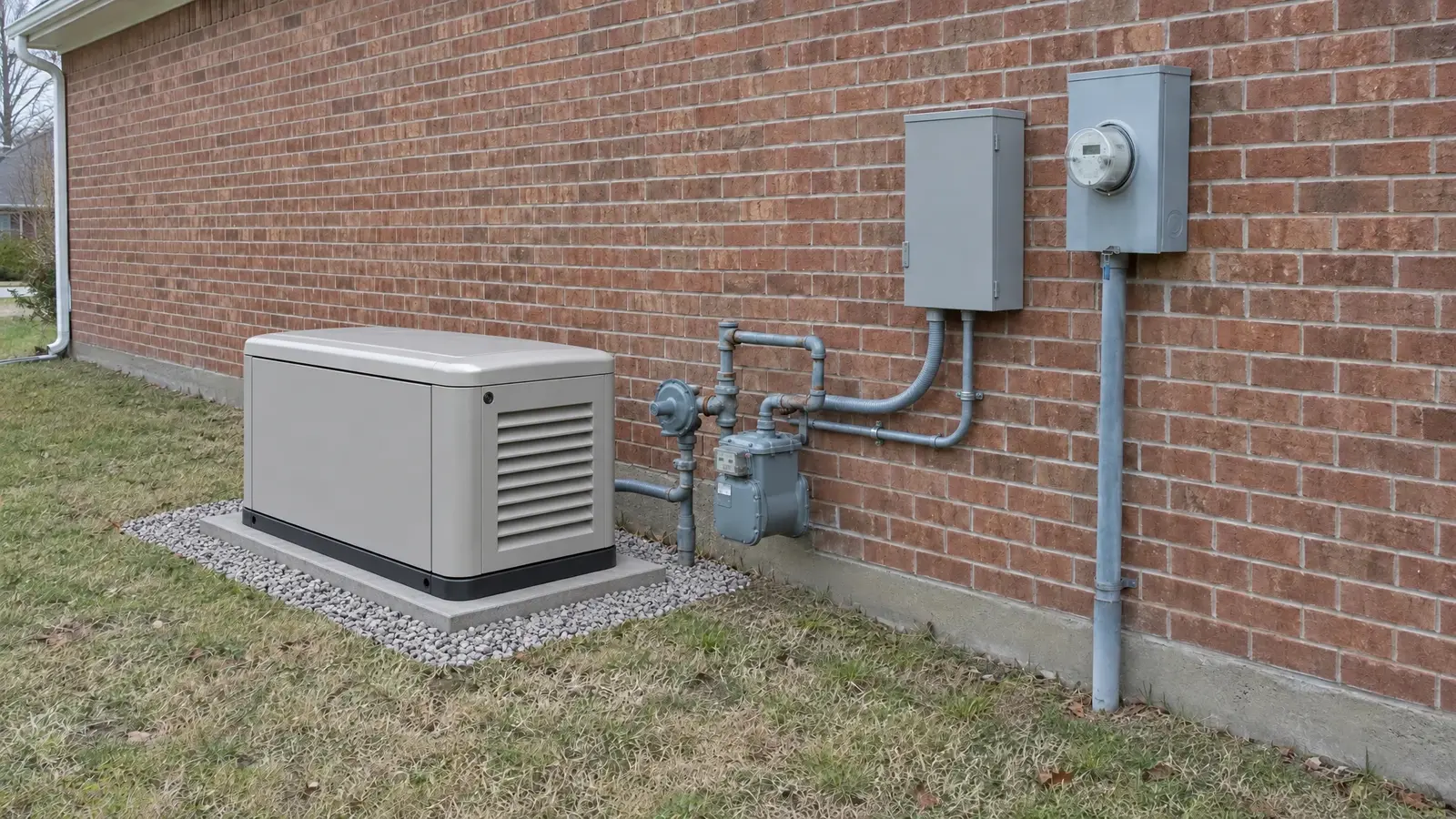 The same side yard with a new standby generator on a pad and a transfer switch on the wall