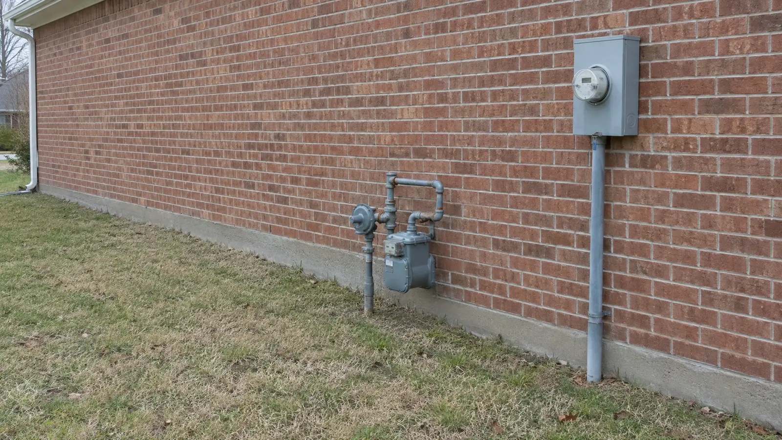 A side yard with only gas and electric meters on the wall