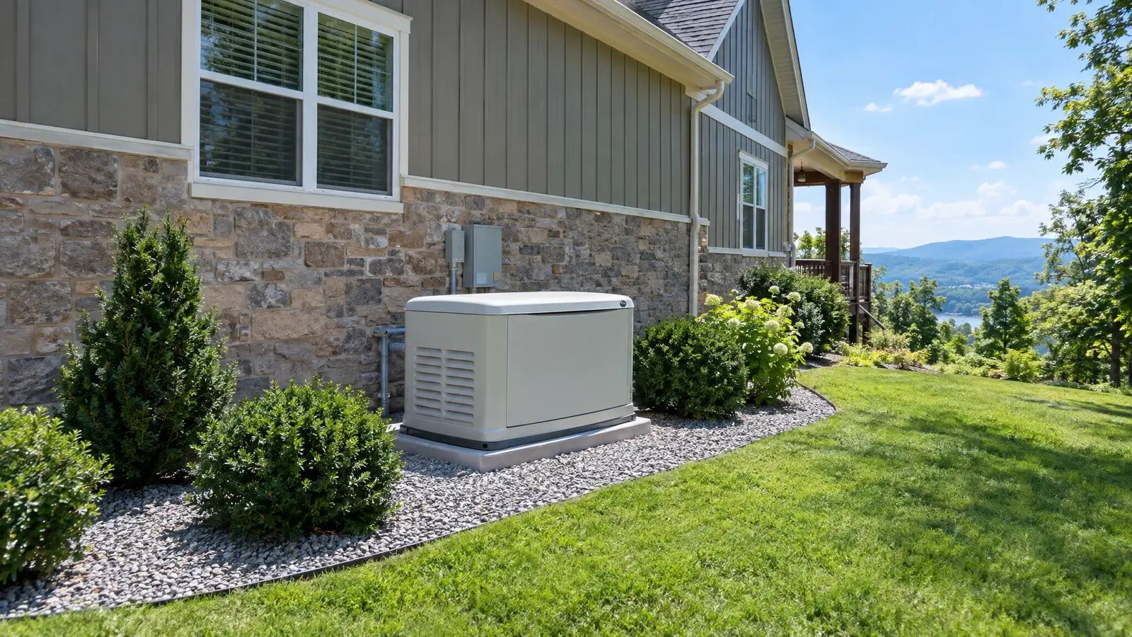Generator installation gallery A finished standby generator installation with a gravel border and shrubs