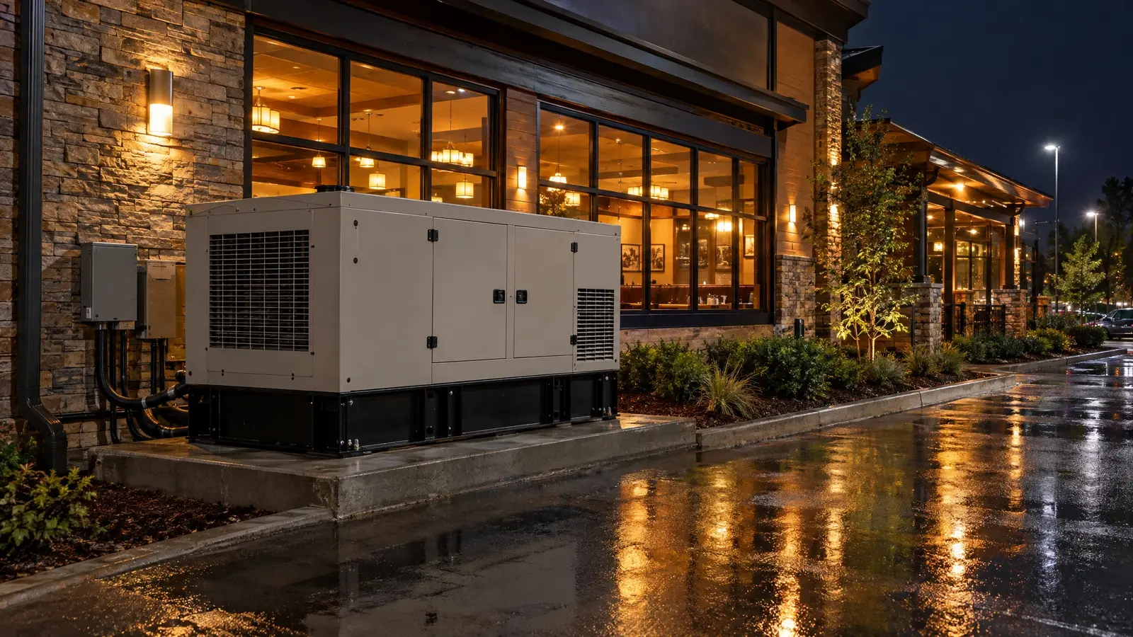 A commercial generator beside a restaurant at night A commercial generator beside a restaurant at night
