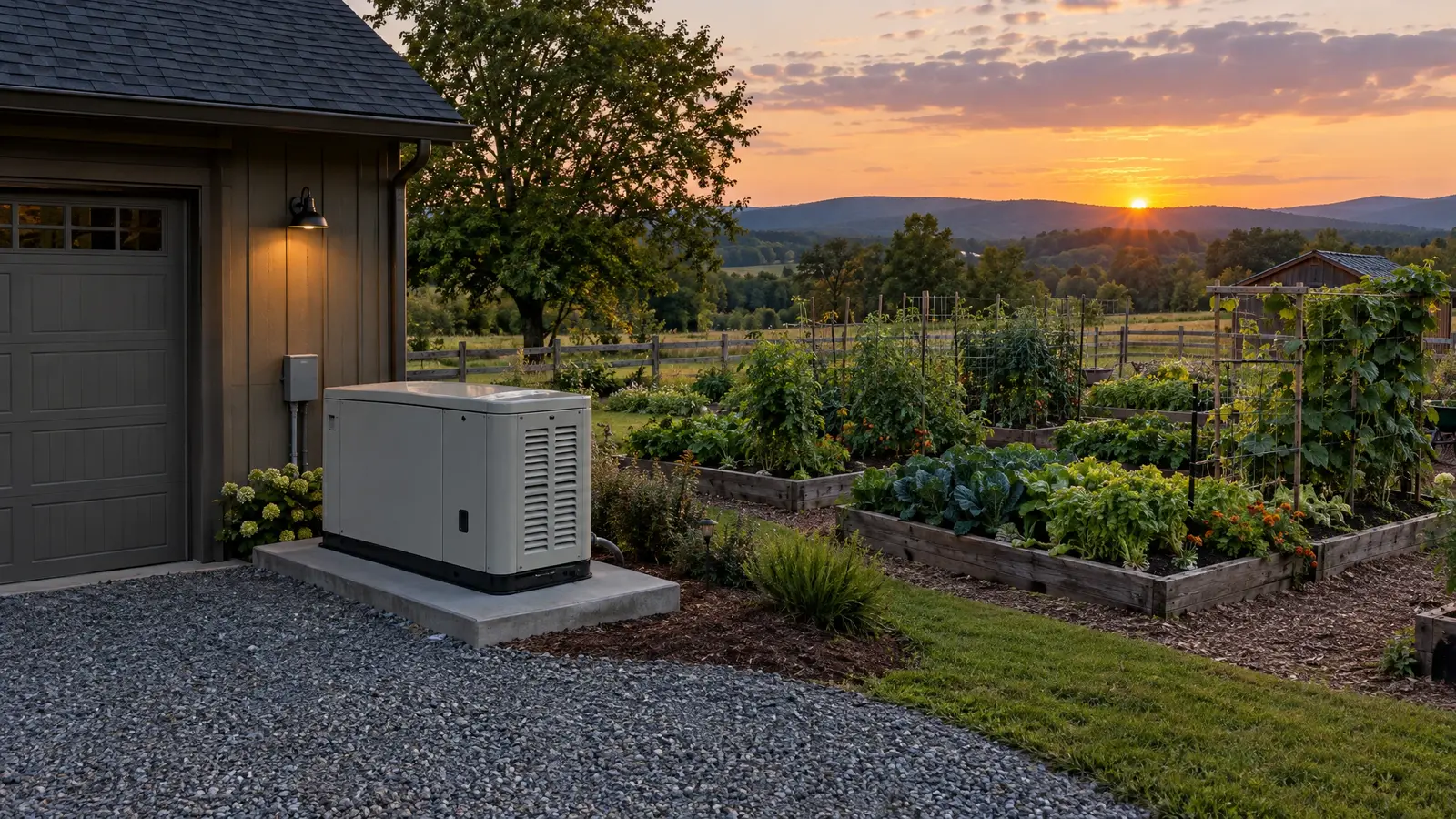 A rural property with a generator beside a garage and garden A rural property with a generator beside a garage and garden