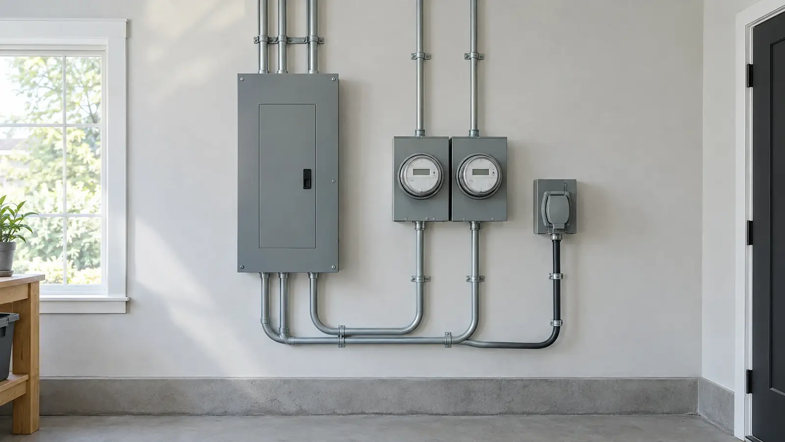 A tidy utility wall with a transfer switch, meters and a generator inlet A tidy utility wall with a transfer switch, meters and a generator inlet