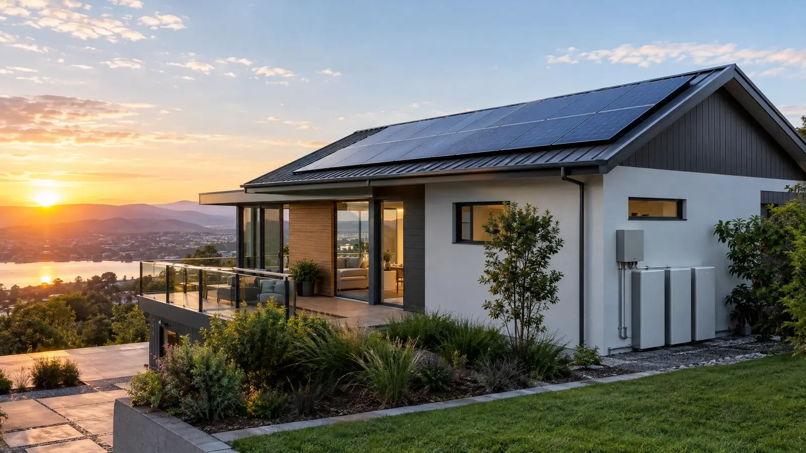 A rooftop solar and battery system at sunrise A rooftop solar and battery system at sunrise