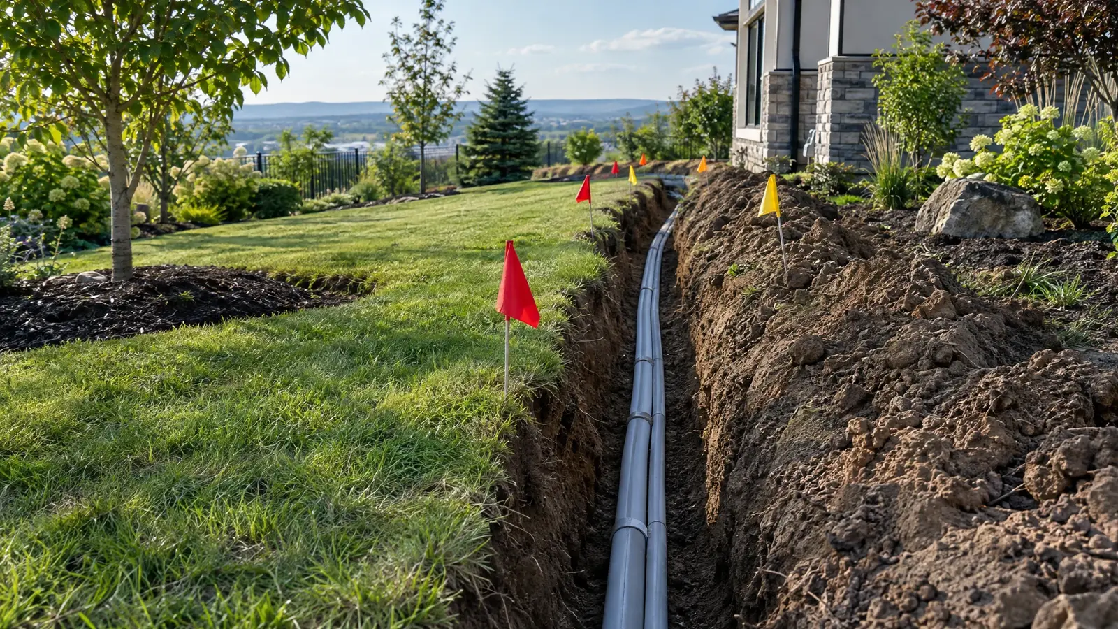 A trench and conduit run along a landscaped yard A trench and conduit run along a landscaped yard
