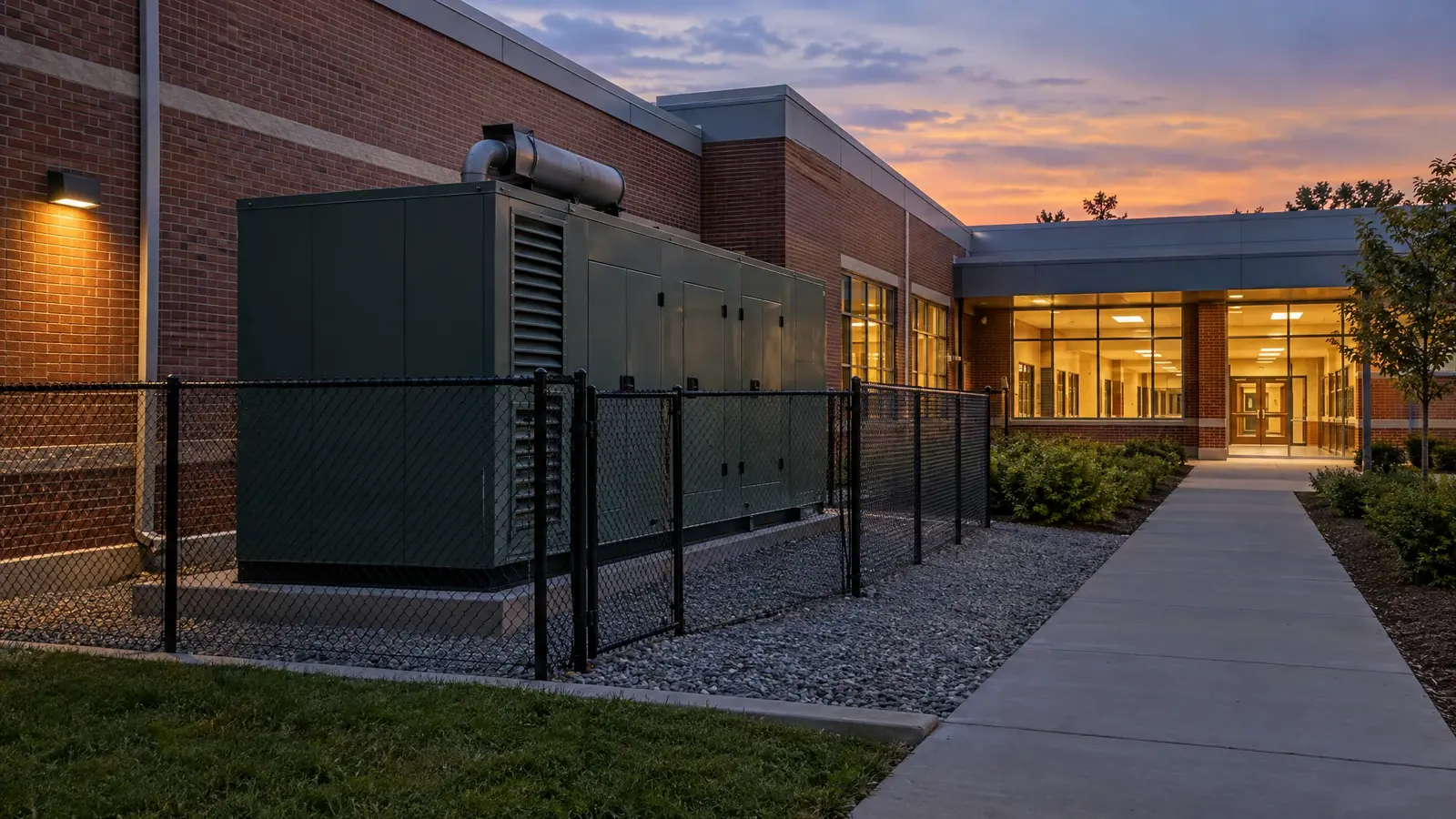 A sound-attenuated generator behind a school building at dusk A sound-attenuated generator behind a school building at dusk