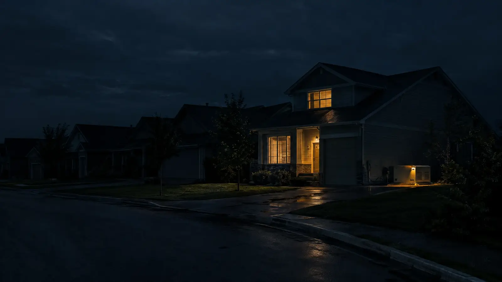 A single lit house with a generator glowing during a neighborhood outage A single lit house with a generator glowing during a neighborhood outage