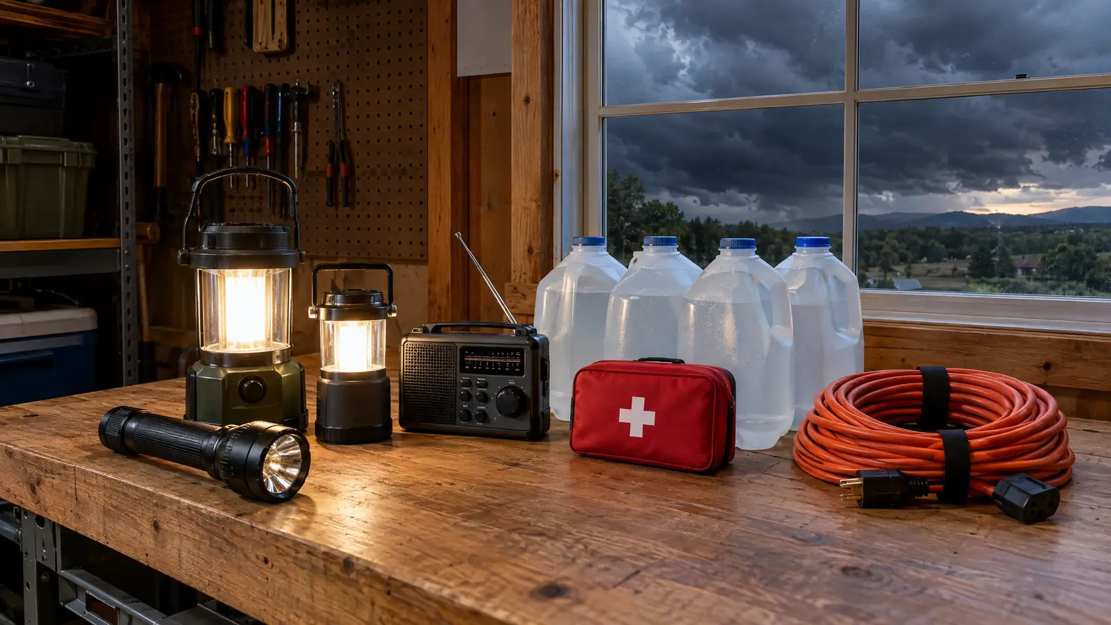 Generator and solar FAQ A prepared Tennessee garage with lanterns, a radio and water jugs