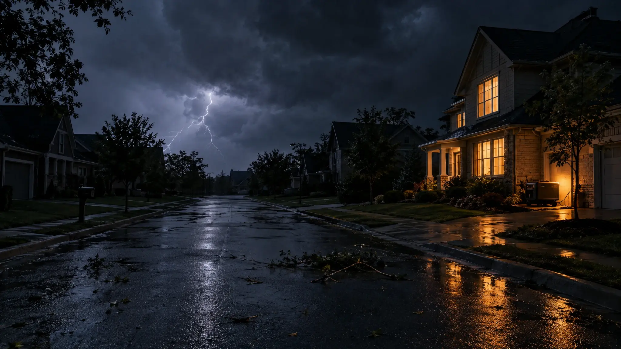 A dark Nashville suburban street during a blackout with one house glowing with warm light