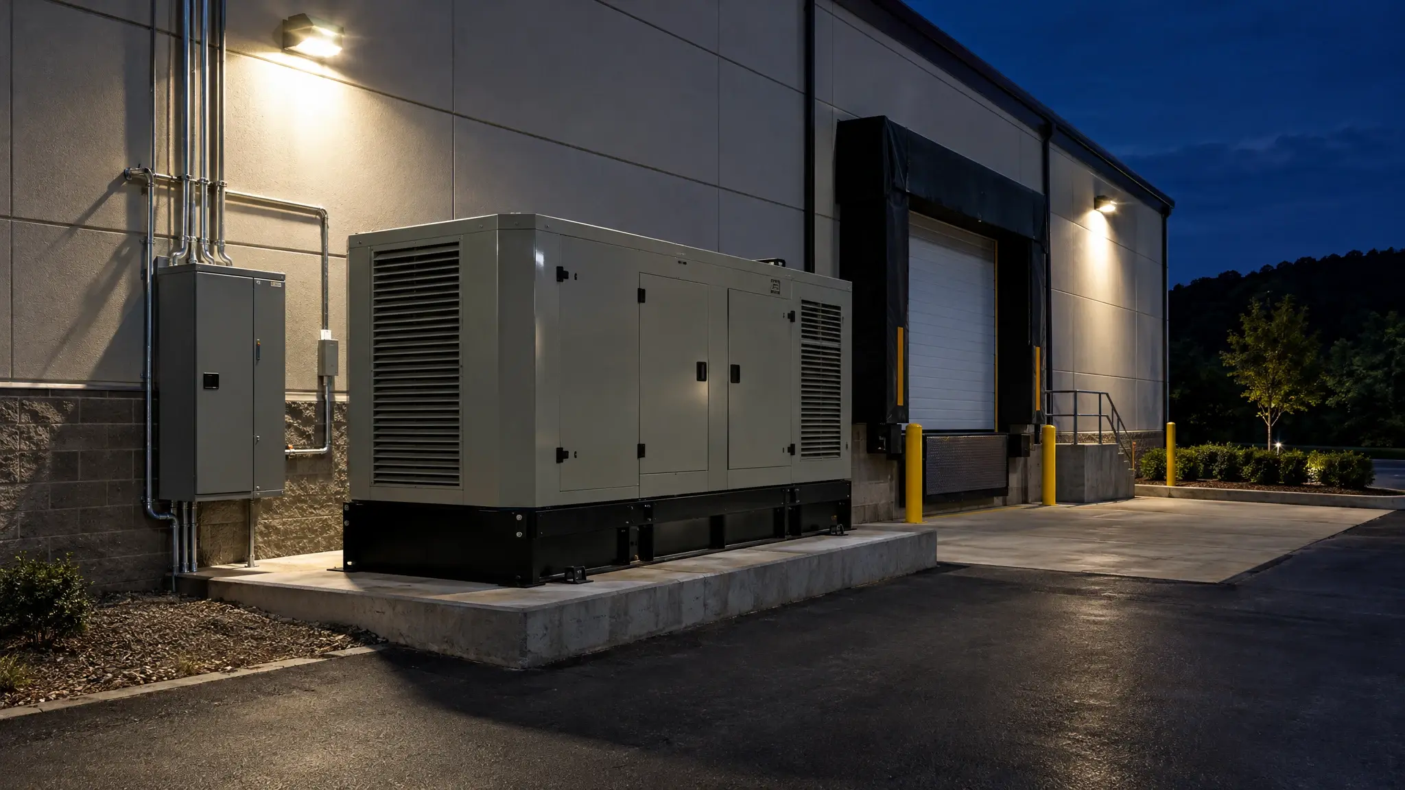 A commercial generator set on a concrete pad beside a Tennessee business at night