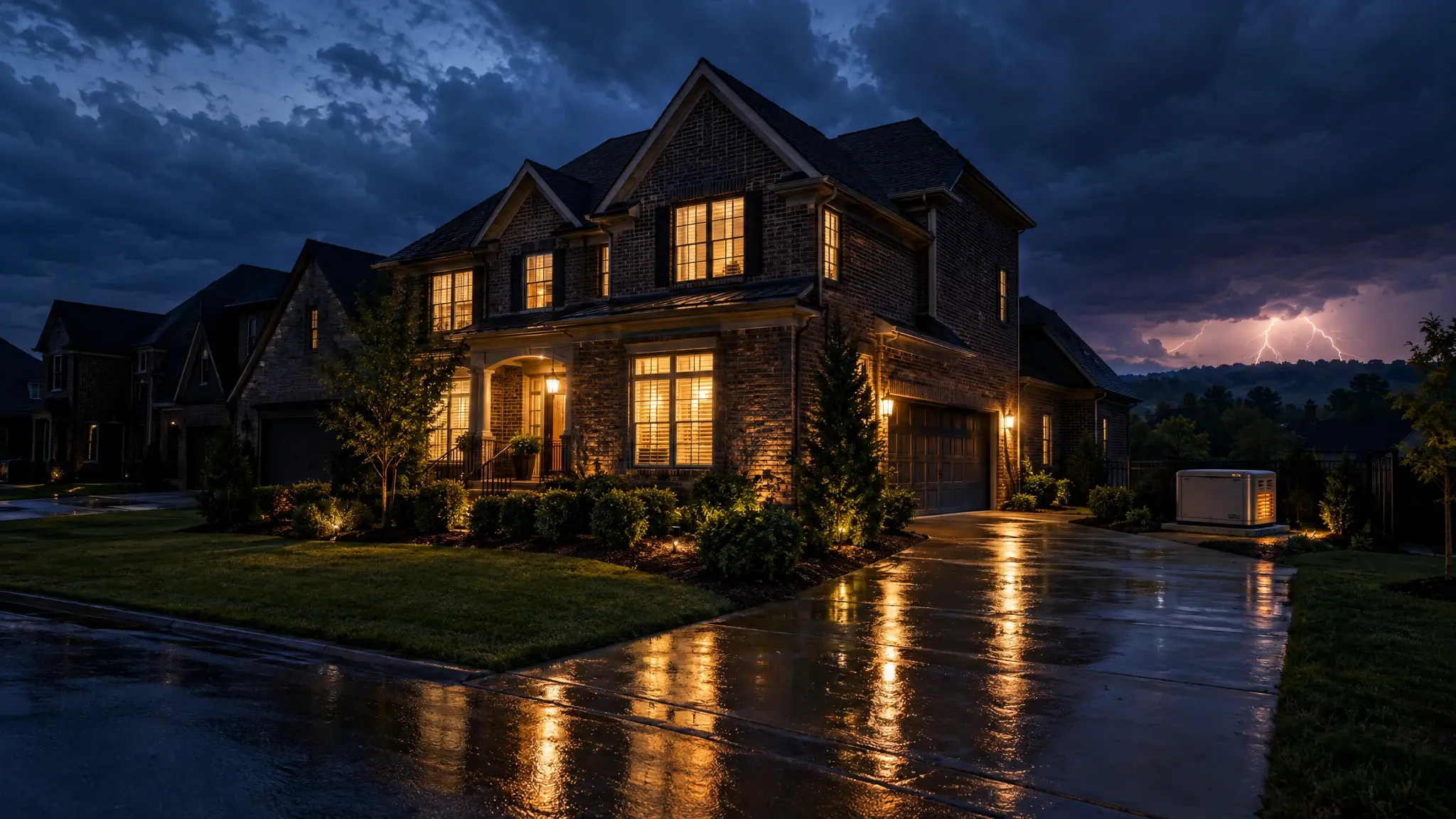 A Nashville-area brick home glowing with light during a neighborhood power outage while its standby generator runs
