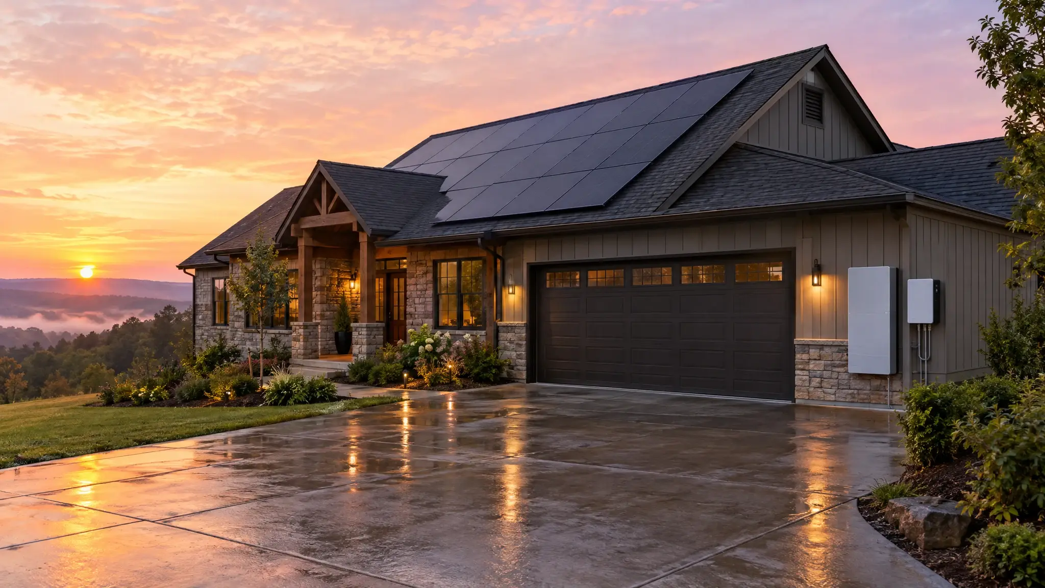 A modern Tennessee home with rooftop solar panels and a wall-mounted battery at sunrise