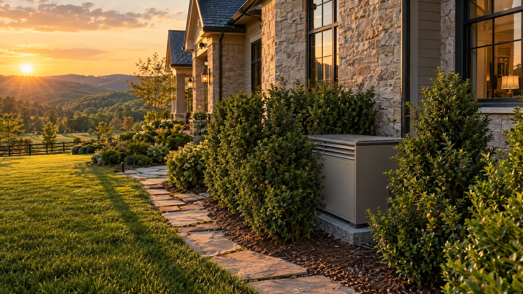 A luxury Tennessee home at golden hour with a discreetly screened standby generator
