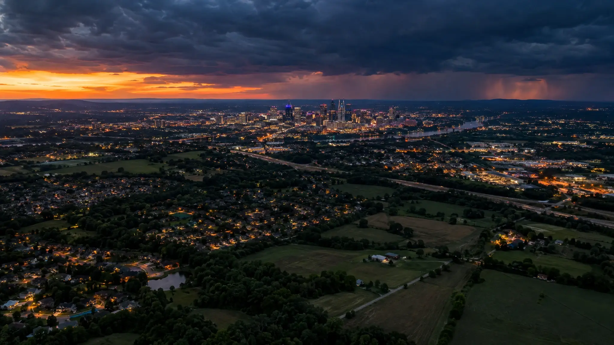 Generator service areas in Middle Tennessee | Music City Generator Aerial view of Middle Tennessee at dusk under storm clouds