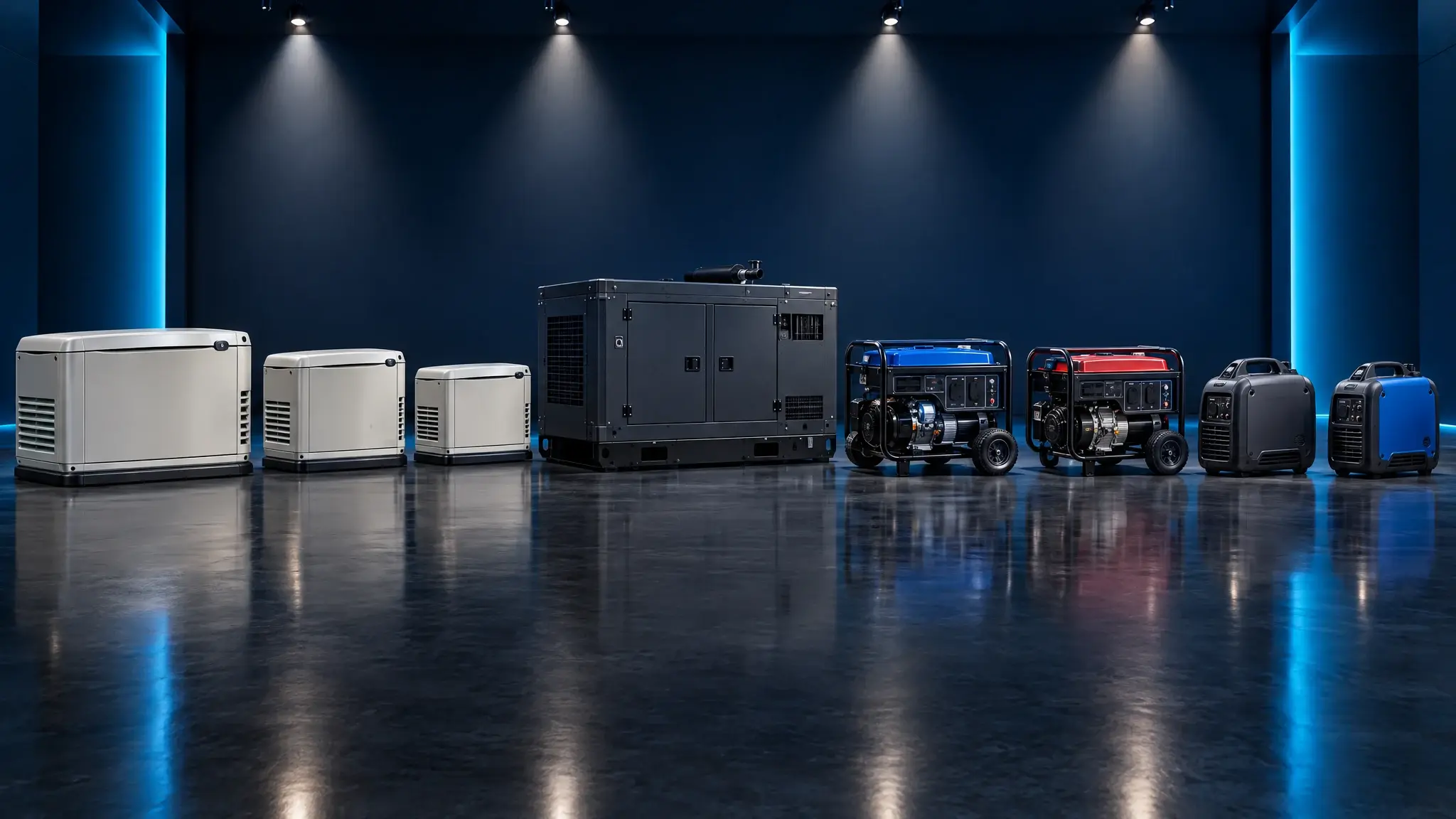 A lineup of generic generators of different types on a dark showroom floor