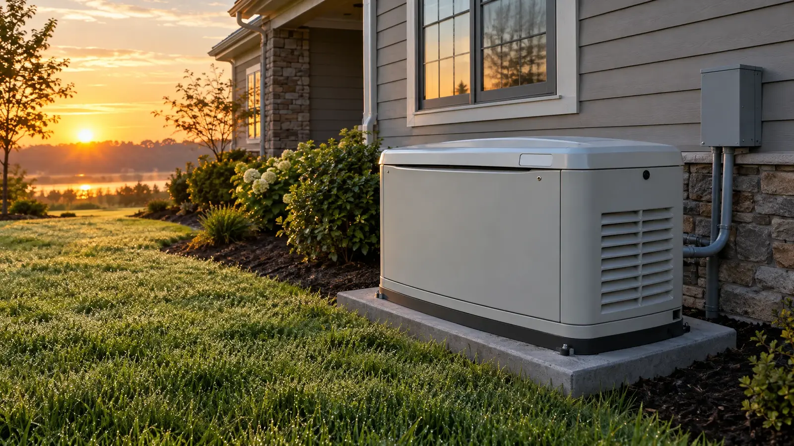A pristine standby generator on its pad at dawn